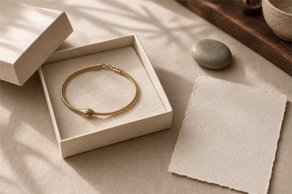 Slim gold serpent bracelet in a cream cotton-lined gift box beside a blank handmade note card
