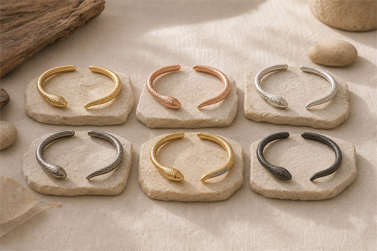 Six snake-cuff material samples showing yellow gold, rose gold, white metal, silver tone, gold coating, and dark coating