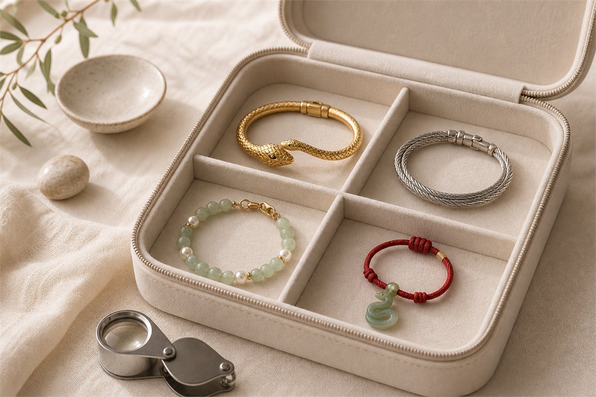 Snake cuff, silver coil, pearl bracelet, and red-cord charm stored in separate soft compartments beside a loupe