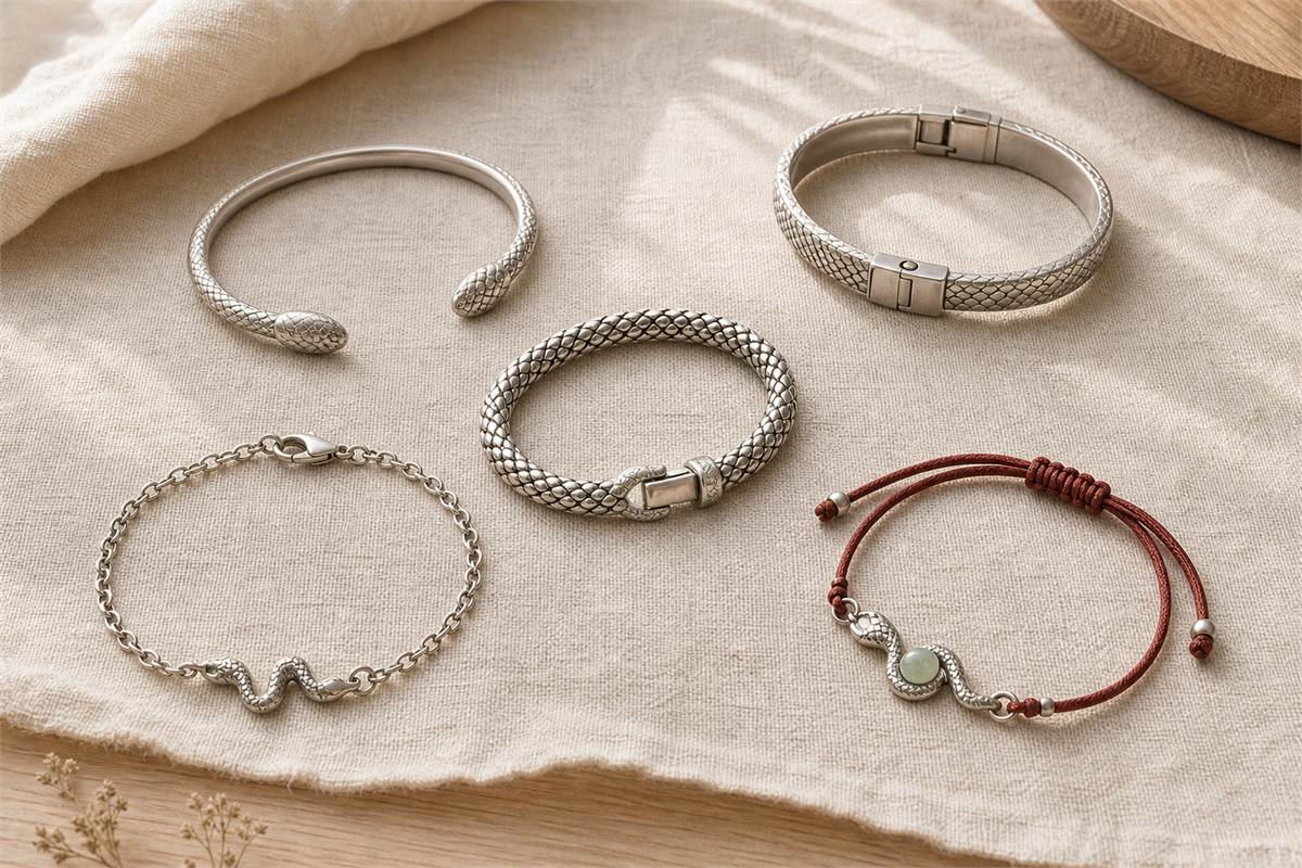 Five snake-inspired bracelets showing open cuff, hinged bangle, flexible links, charm chain, and cord structures