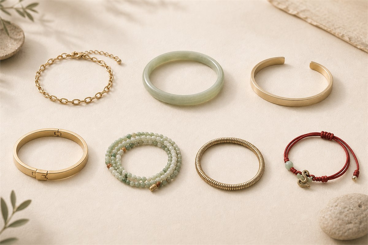 Seven separate bracelet structures including chain, closed bangle, open cuff, hinged bangle, coil, flexible band, and cord charm