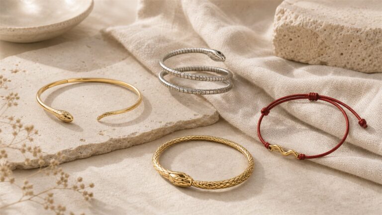Gold cuff, silver coil, ouroboros bracelet, and red-cord snake charm arranged on warm neutral surfaces