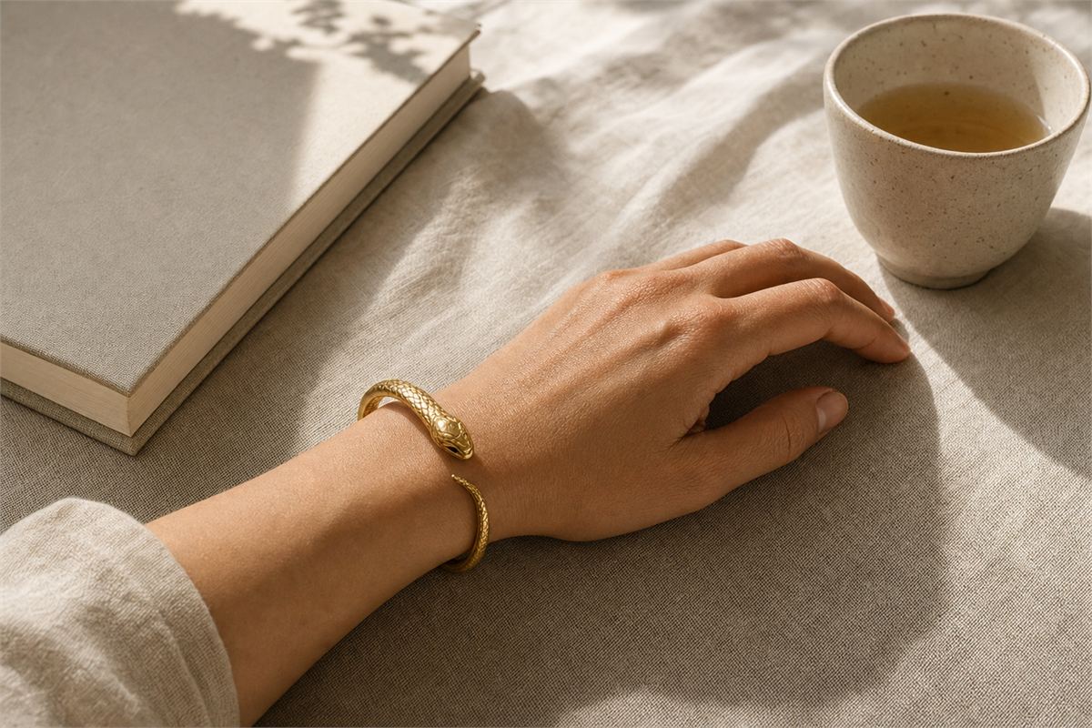 Understated gold snake cuff worn comfortably on a resting wrist beside linen, a book, and a pale ceramic cup
