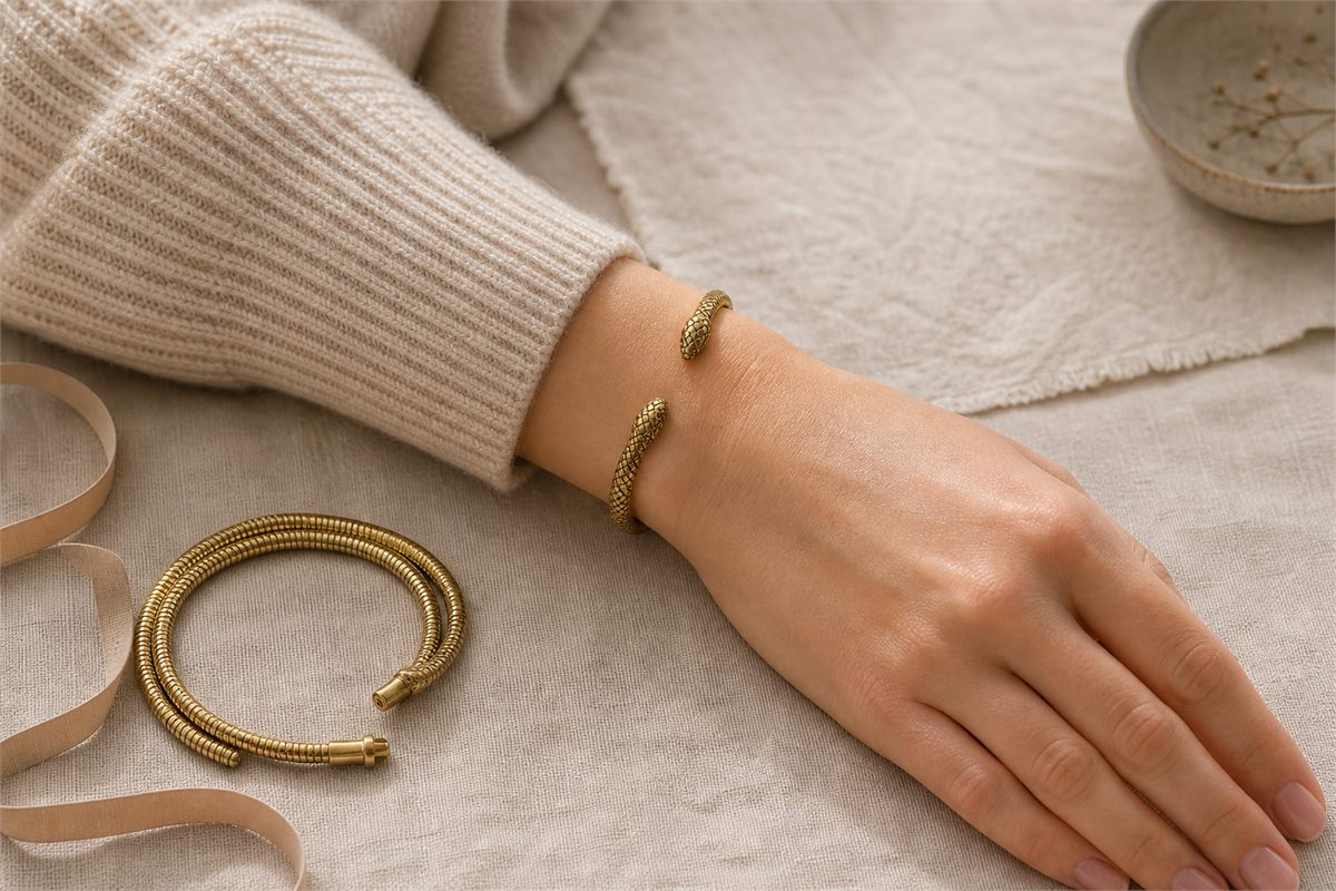 Open snake cuff fitted through the side of a wrist beside an unstretched coil bracelet and measuring tape