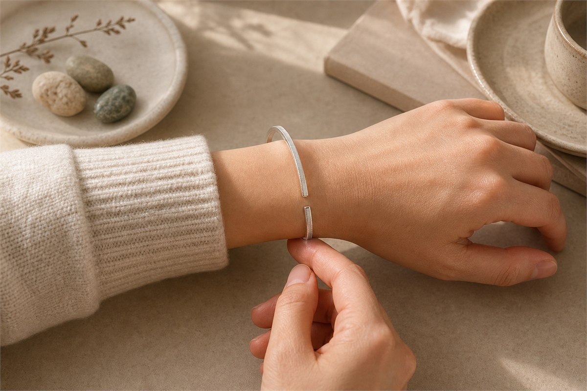 Slim silver snake cuff worn with a comfortable side gap while one fingertip checks space under the band