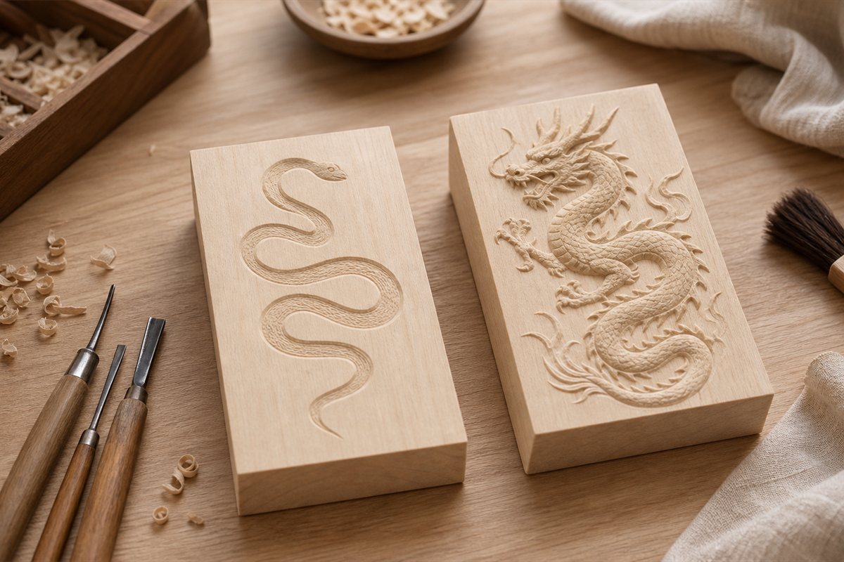 Two modern woodblock practice plates with distinct snake and Eastern dragon motifs