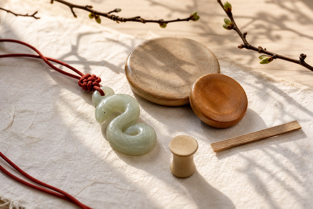 Jade snake charm with warm ceramic markers, branch shadows, handmade paper, pale wood, and red cord