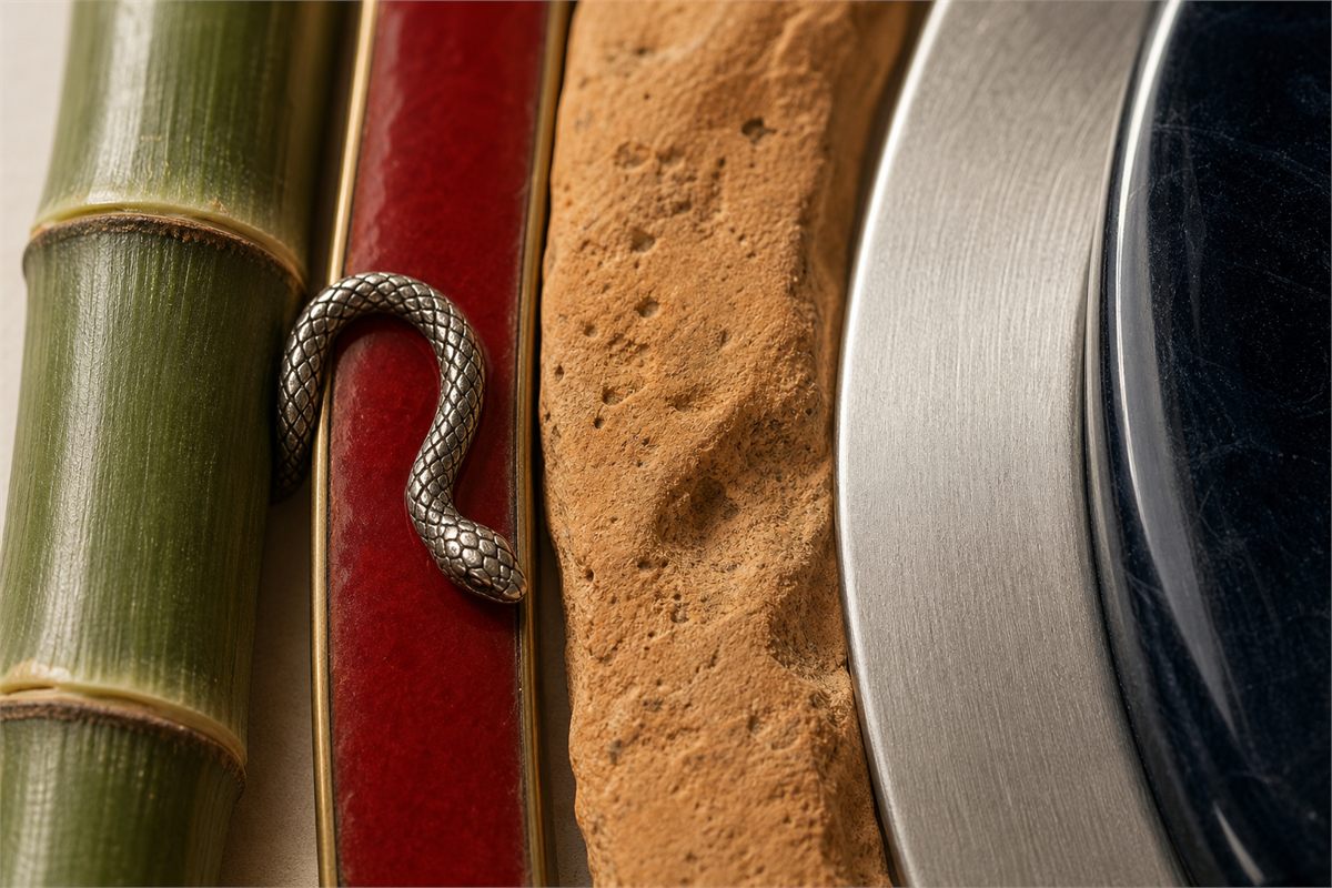 Close-up of bamboo, red enamel, ochre stone, brushed silver, and deep blue-black glass