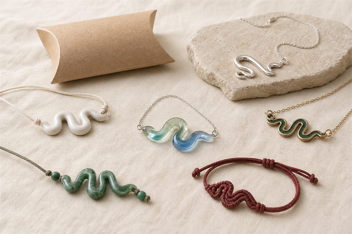 Silver, ceramic, glass, enamel, green-stone, and textile snake-inspired jewelry samples on ivory fabric