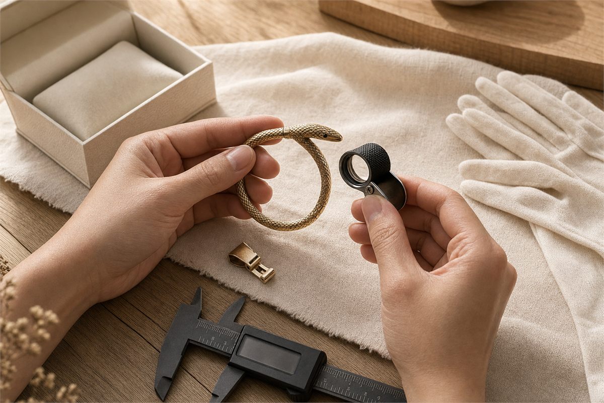 Two hands inspect a snake bracelet with a loupe beside a caliper, clasp sample, glove, and gift box