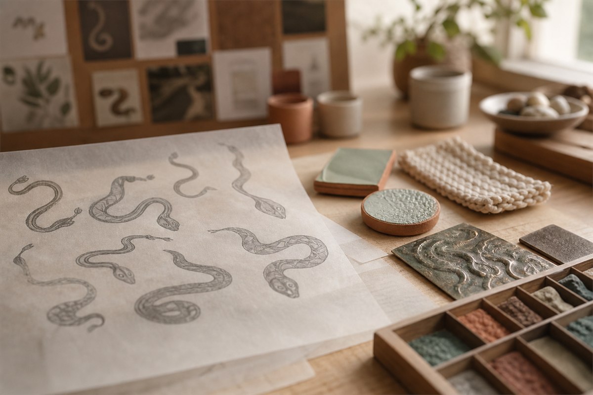 Modern artisan tracing varied snake silhouettes on translucent paper