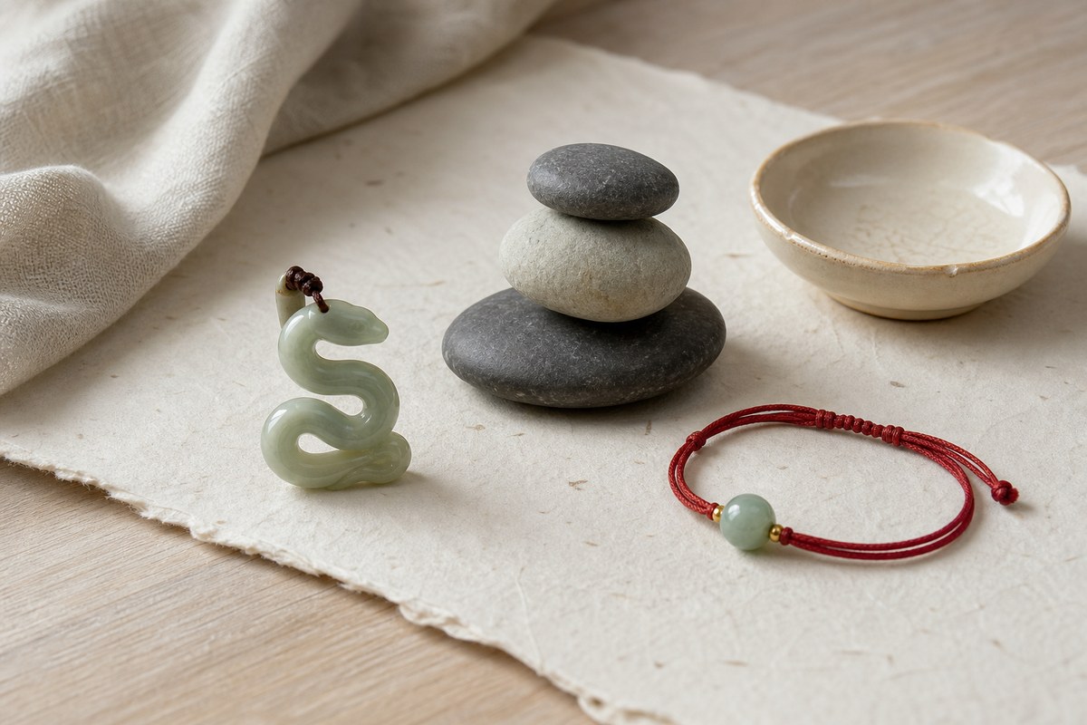 Jade snake charm beside balanced stones, a cream ceramic dish, jade bead, red cord bracelet, and handmade paper