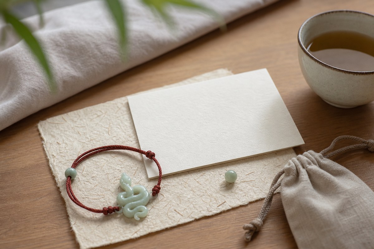 Jade snake charm with red cord bracelet, muted jade bead, blank note card, linen pouch, tea cup, and warm wood desk