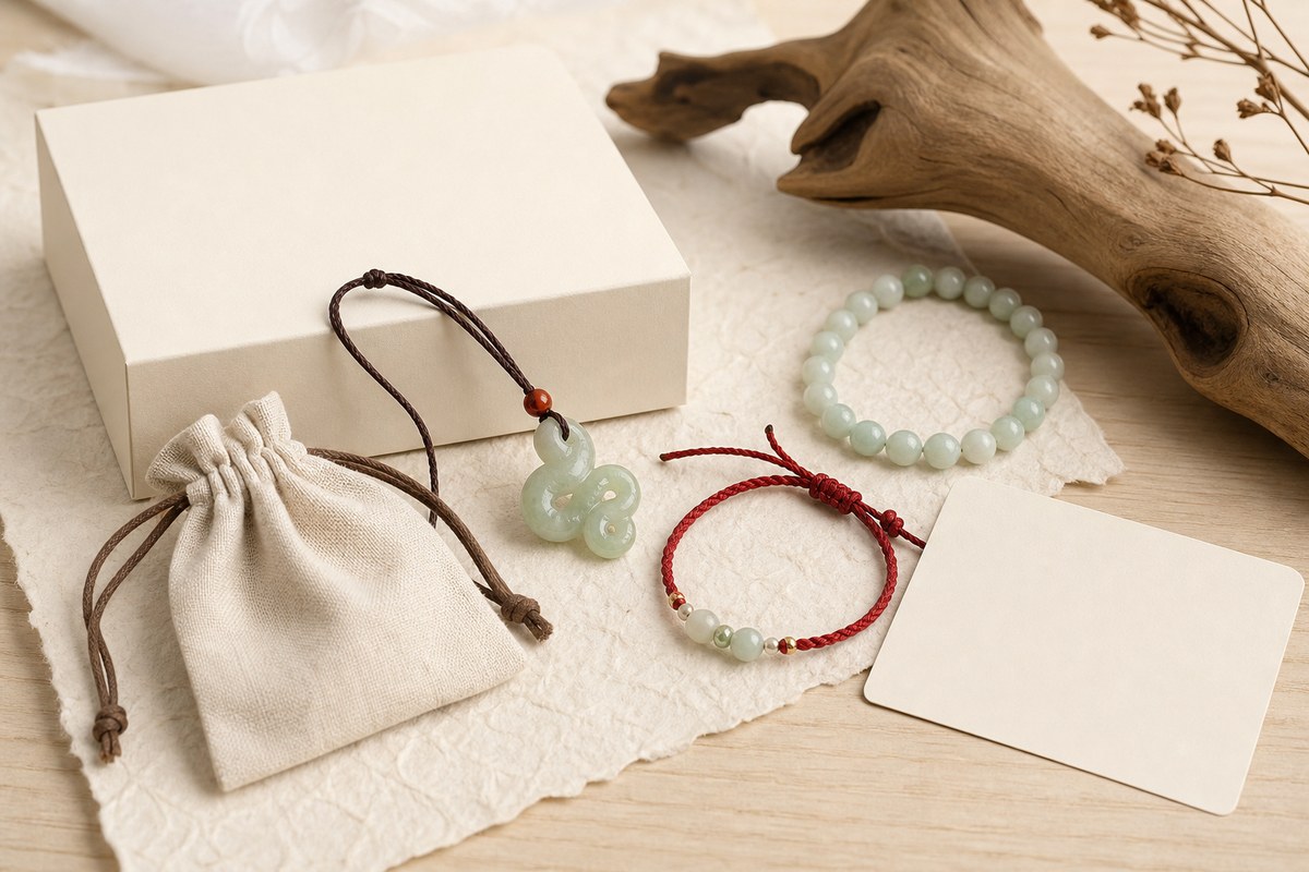Cream gift box with jade snake charm, red cord bracelet, jade beads, linen pouch, blank gift card, and pale wood