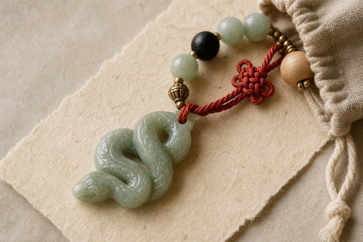 Close view of jade snake charm, jade beads, black stone bead, pale wood bead, brass spacer, red cord knot, and linen