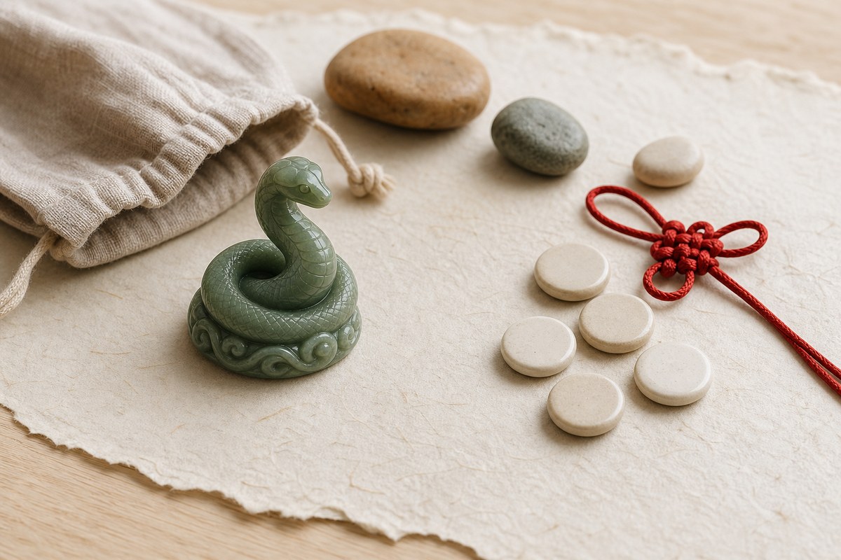 Jade snake zodiac charm with blank ceramic cycle markers, smooth stones, linen pouch, and red cord on handmade paper