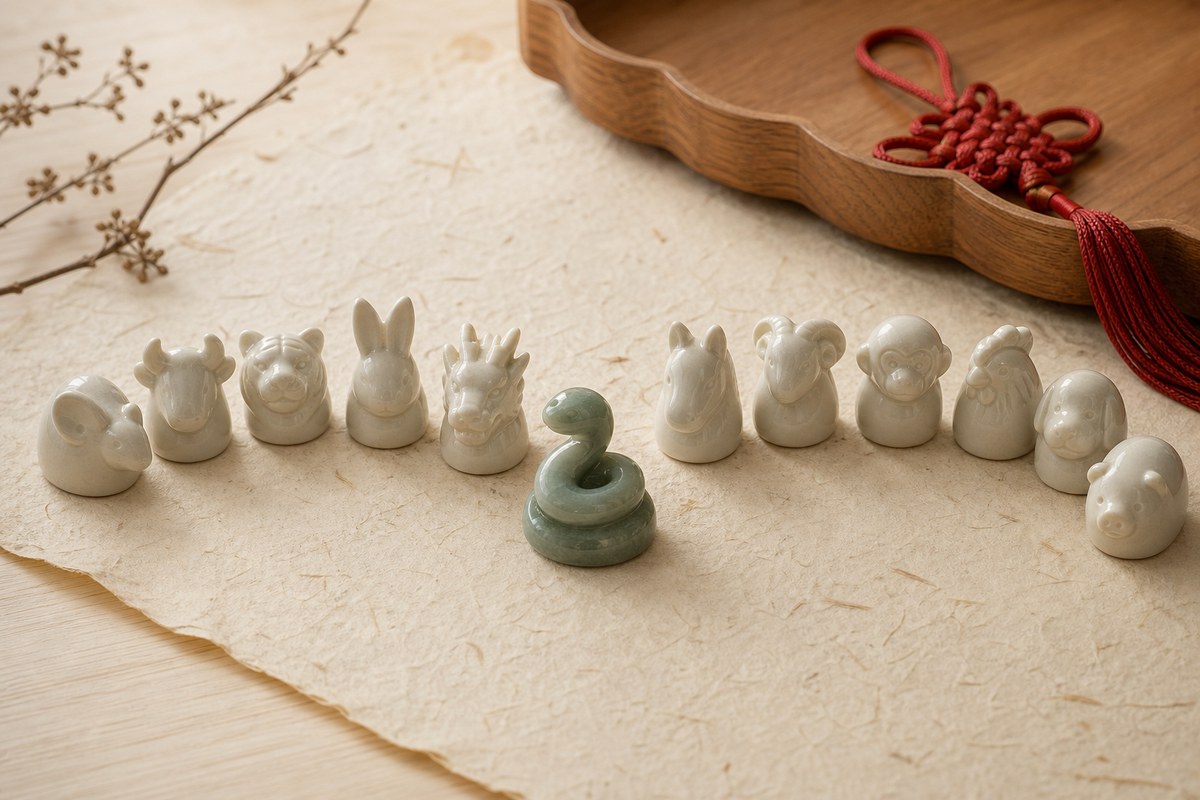Twelve blank ceramic zodiac markers arranged in a soft arc with a jade snake token emphasized near the front