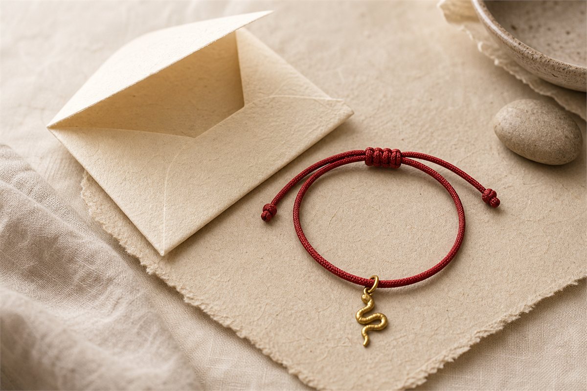 Red-cord bracelet with a small matte-gold snake charm and adjustable sliding knot beside a cream envelope