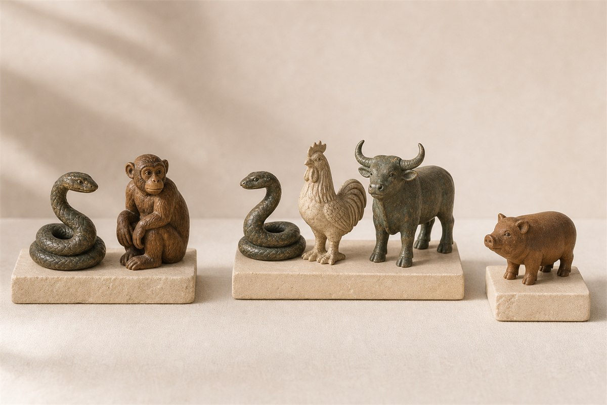 Snake and monkey, snake with rooster and ox, and a separate pig displayed as carved seals