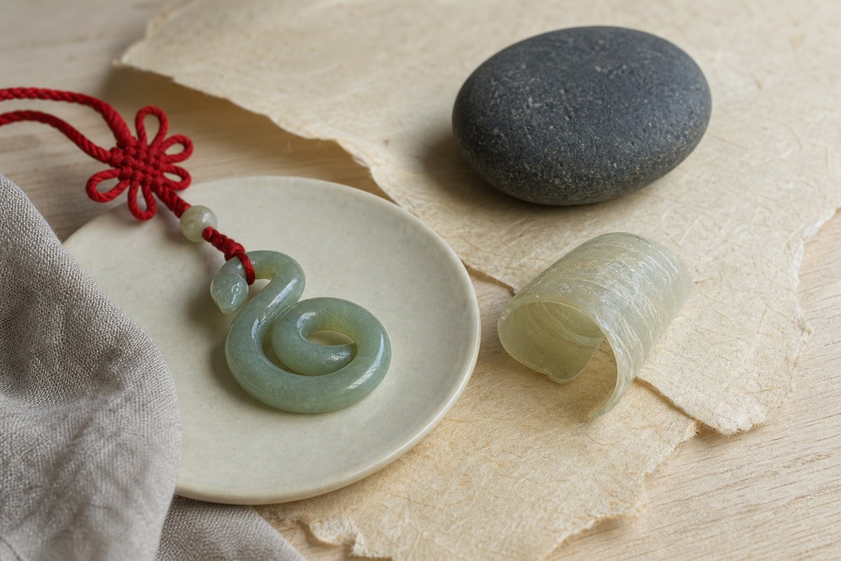 Jade snake charm with curved renewal layer, smooth dark stone, cream ceramic disc, linen, and red cord on handmade paper