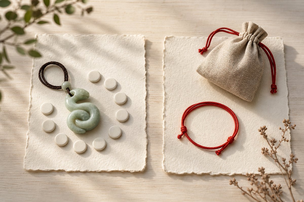 Two blank handmade paper cards separating a jade snake zodiac charm and cycle markers from a red cord bracelet and linen pouch