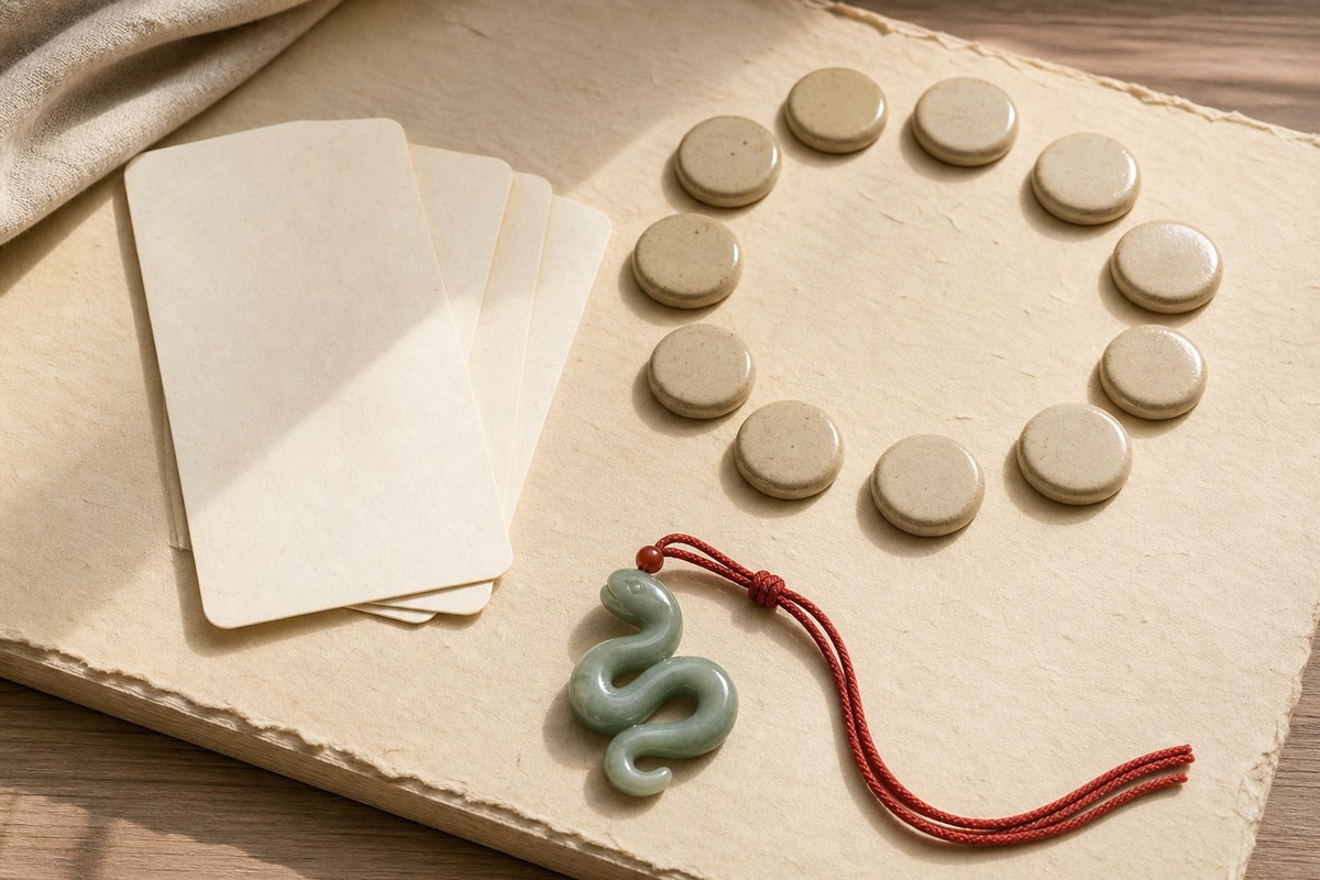 Blank calendar cards with jade snake charm, red cord, and unmarked ceramic cycle markers on warm handmade paper