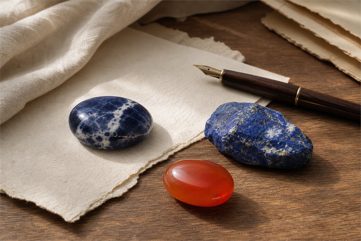 Blue-white sodalite, ultramarine lapis lazuli with pyrite and calcite, and orange-red carnelian