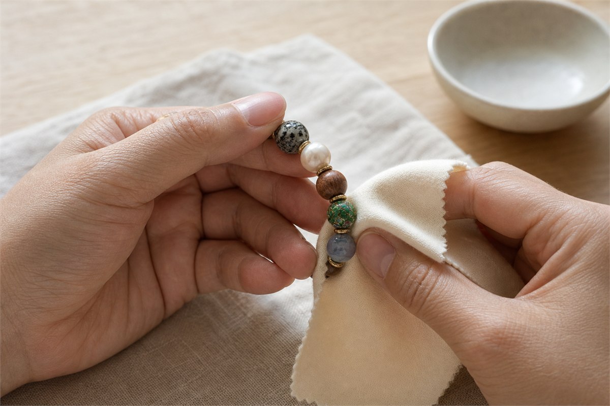 Hands gently wiping stone, pearl, wood, enamel, and metal bracelet beads with a dry ivory cloth