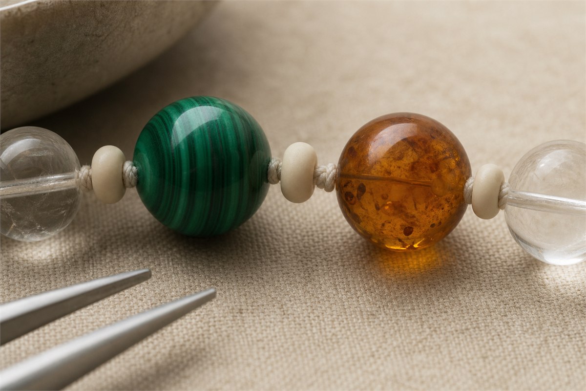 Malachite and amber beads protected from clear quartz by soft knots and smooth separators
