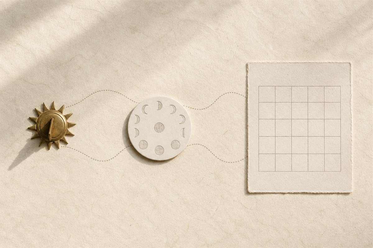 Three-part arrangement with a solar marker, moon phase disc, and modern calendar grid