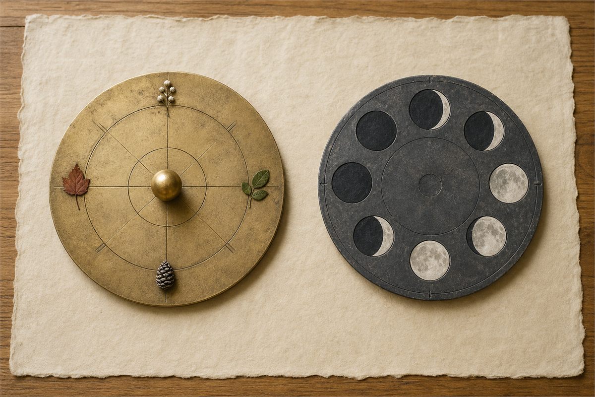 Separate sun-season and moon-phase discs arranged on a neutral study table