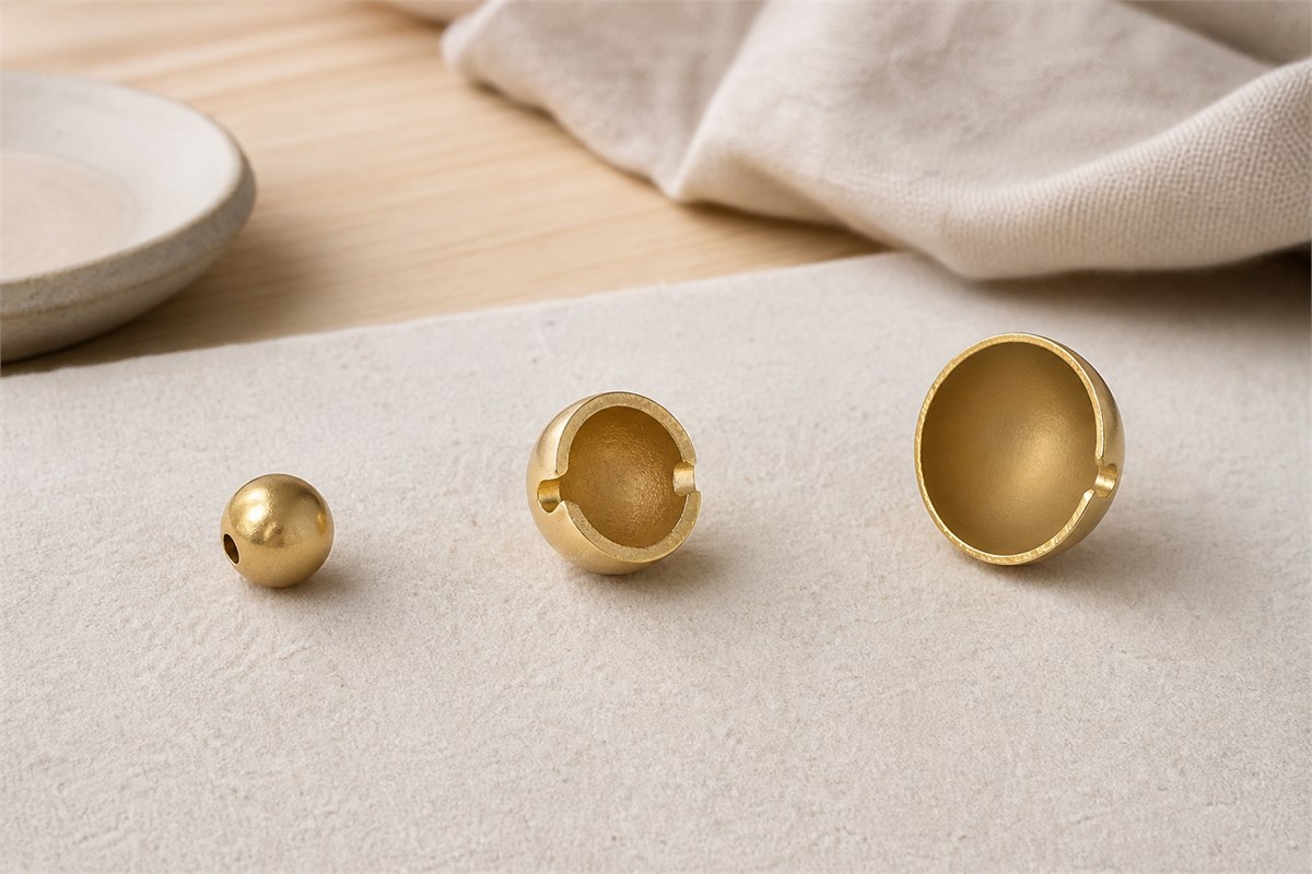 Jeweler samples comparing a solid gold bead with a sectioned hollow gold bead