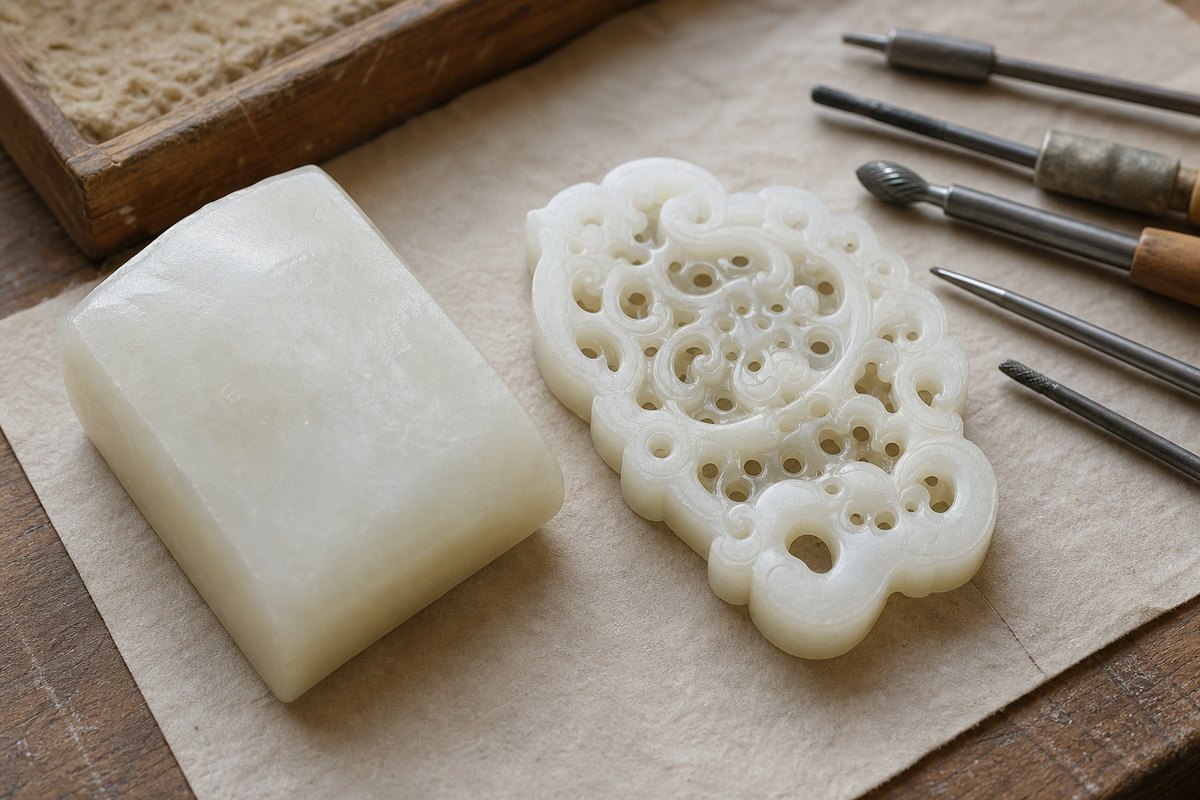 Openwork jade carving (镂空玉雕) process showing drilled and hollowed pierced space
