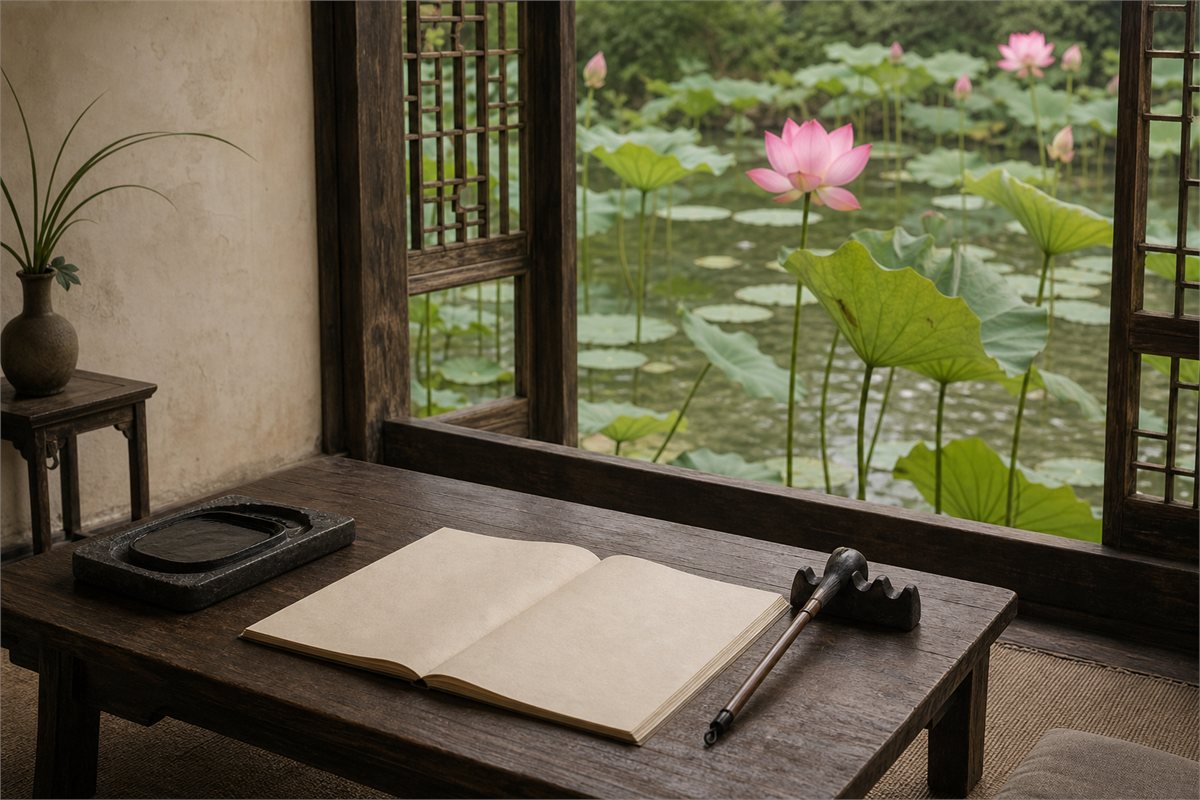 Blank scholar’s folio and inkstone on a wooden desk overlooking a pond of pink sacred lotus
