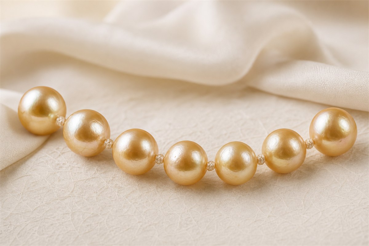 Golden South Sea cultured pearls with soft luster, natural surface texture and silk knotting