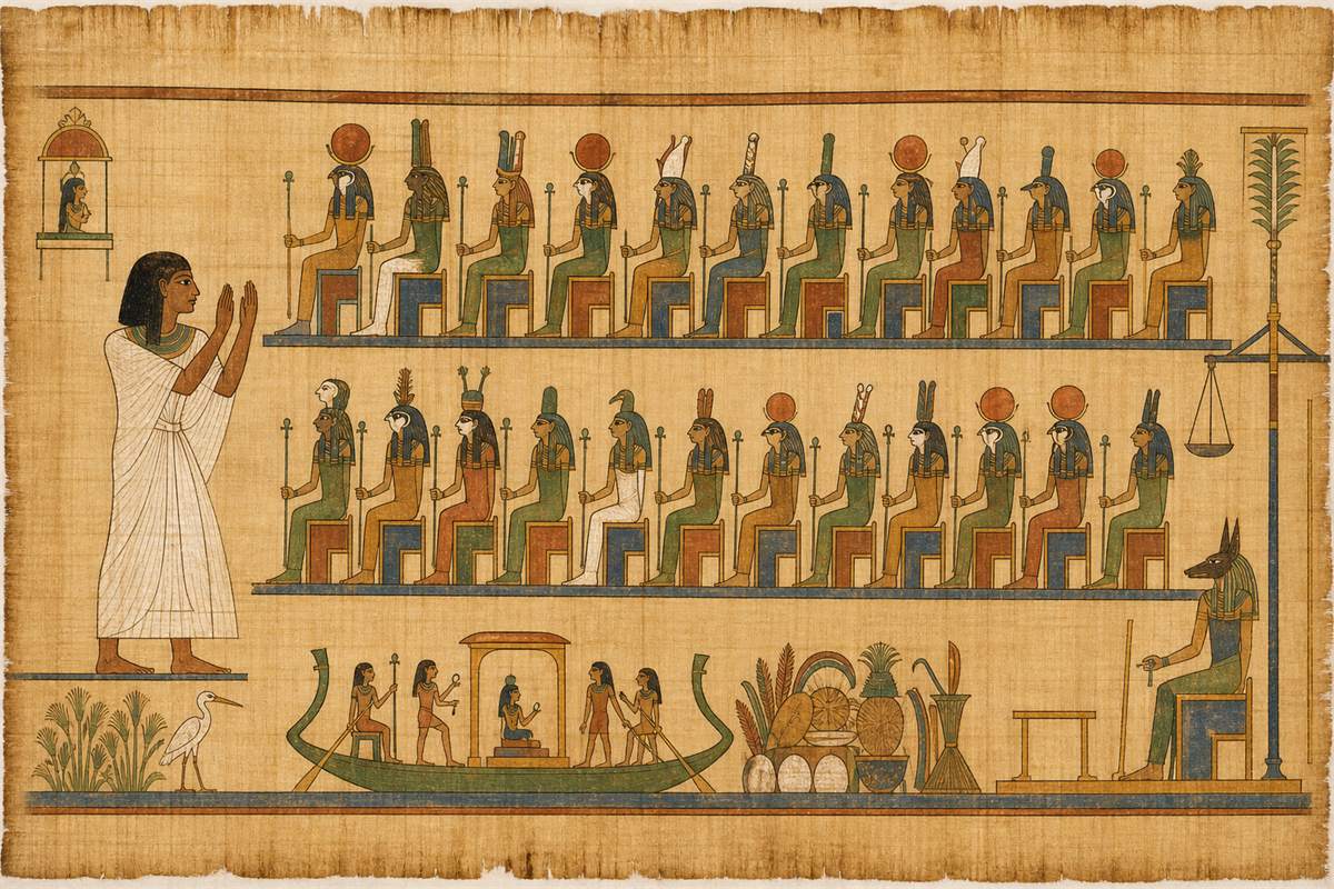 Educational papyrus reconstruction of a deceased Egyptian addressing rows of divine assessors in the Hall of the Two Truths