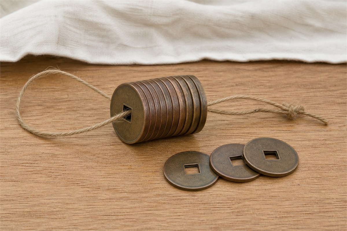 Blank square-holed coin forms threaded on natural fibre cord with three loose discs nearby