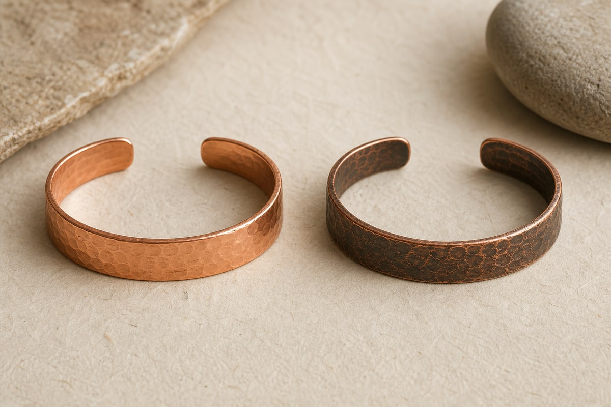 Two matching hammered copper cuffs showing fresh red brown color and stable dark patina