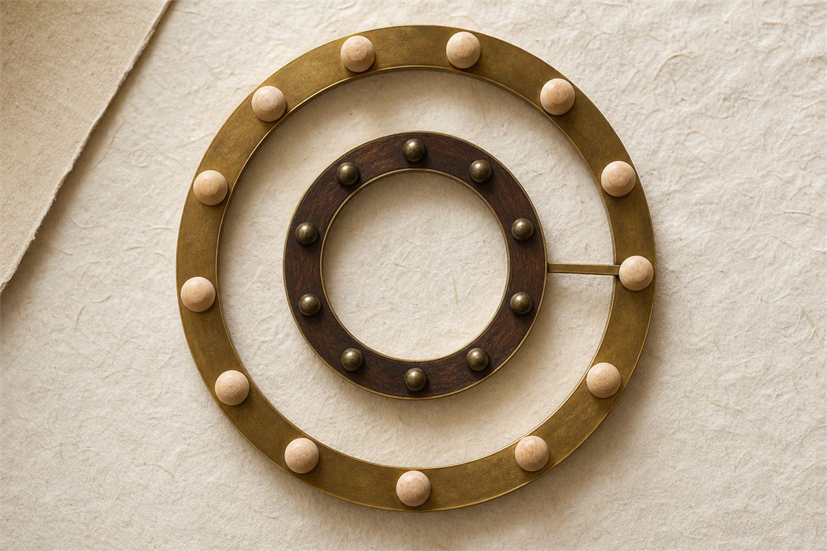 Nested wooden and brass counting rings with ten inner and twelve outer markers
