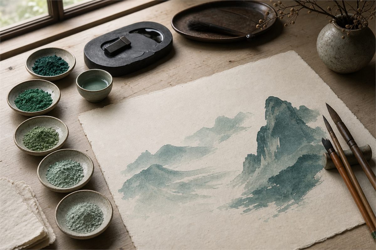 Chinese painting studio with stone-green mineral pigments, brushes, and an original abstract blue-green landscape study