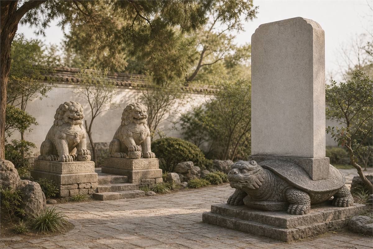 Paired stone lions stand apart from a tortoise-like Bixi carrying a blank stone stele