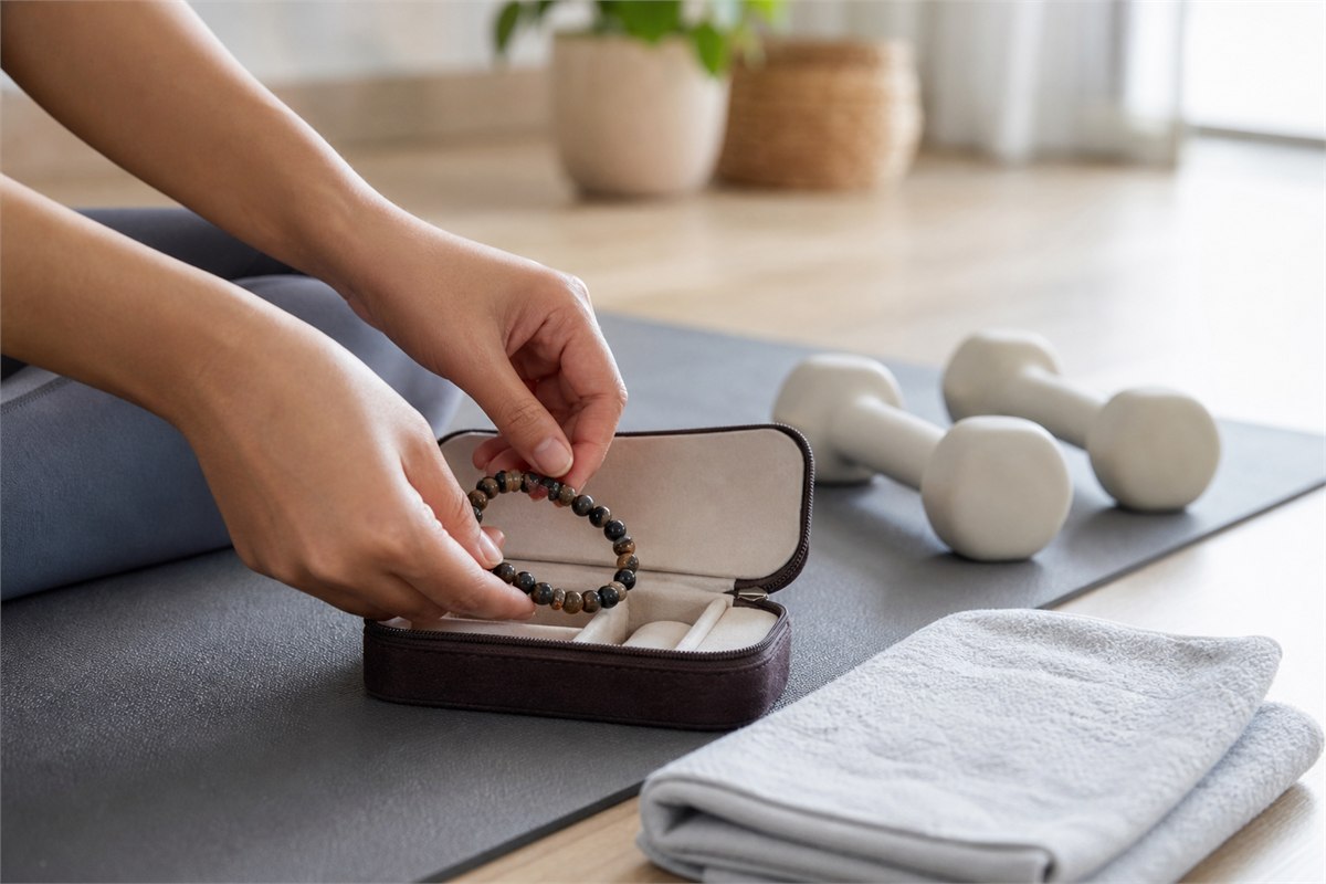 Adult hands placing a flexible bead bracelet in a padded case beside an exercise mat and dumbbells