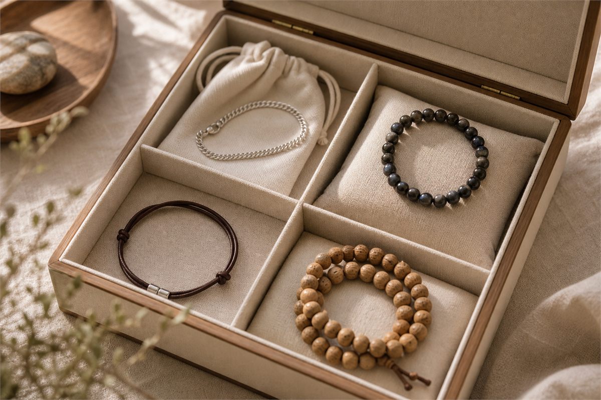 Silver-tone chain, dark stone beads, brown leather and wood beads in separate padded box compartments