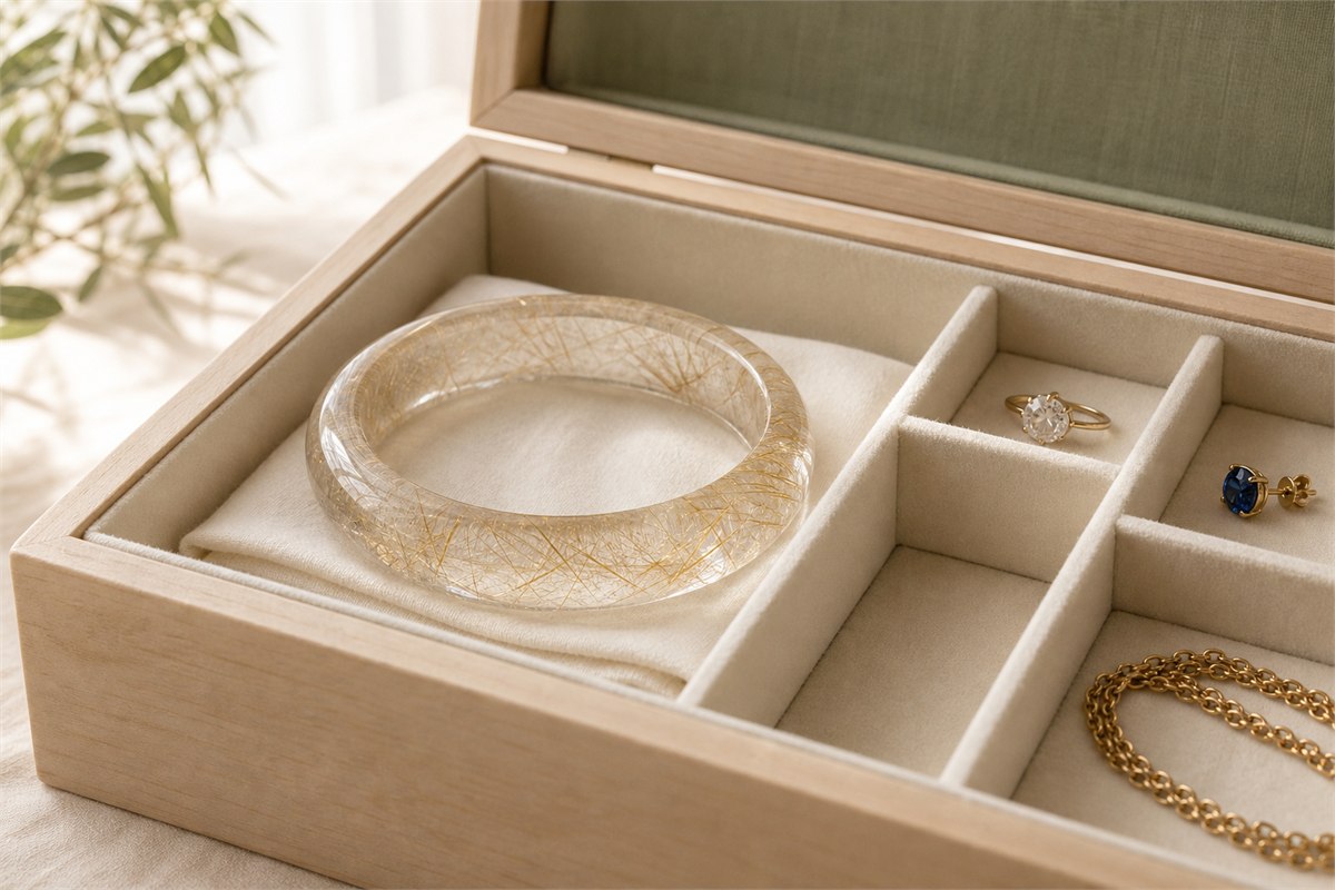 Rutilated quartz bangle stored alone on soft cloth in a divided pale wood jewelry box