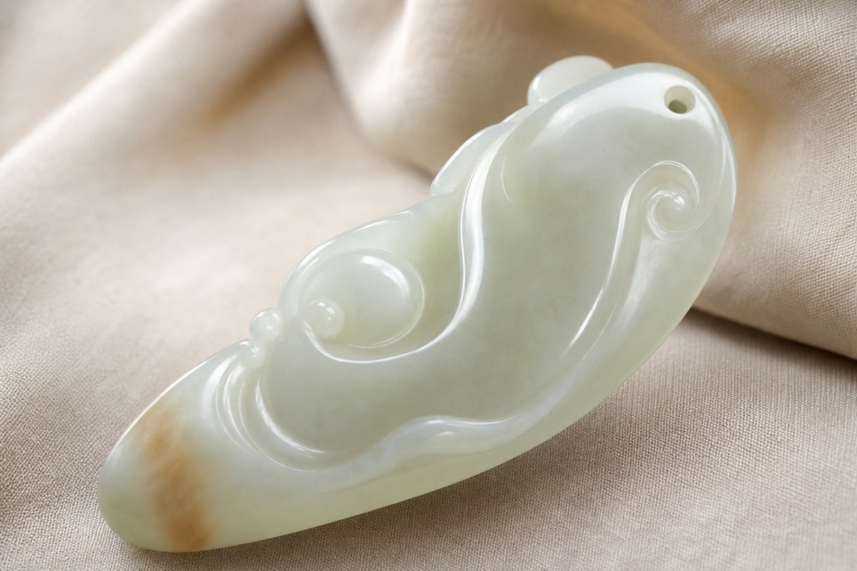 Polished pale jade-like pendant detail with carved lines following a natural curve and a subtle skin-color accent
