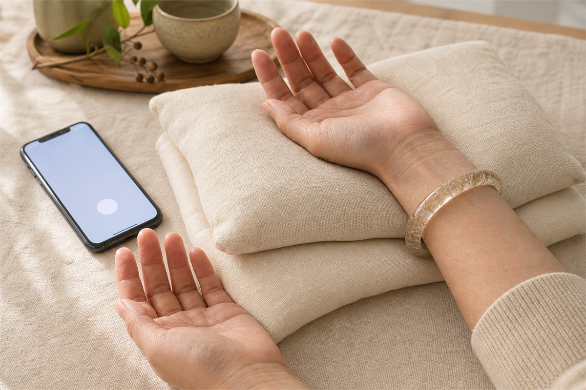 Hand with a closed quartz bangle elevated on cushions beside a phone while pulling has stopped