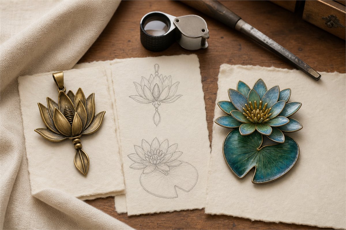 Aged-brass lotus pendant beside blue-green enamel water-lily brooch with a cleft pad on an artisan workbench
