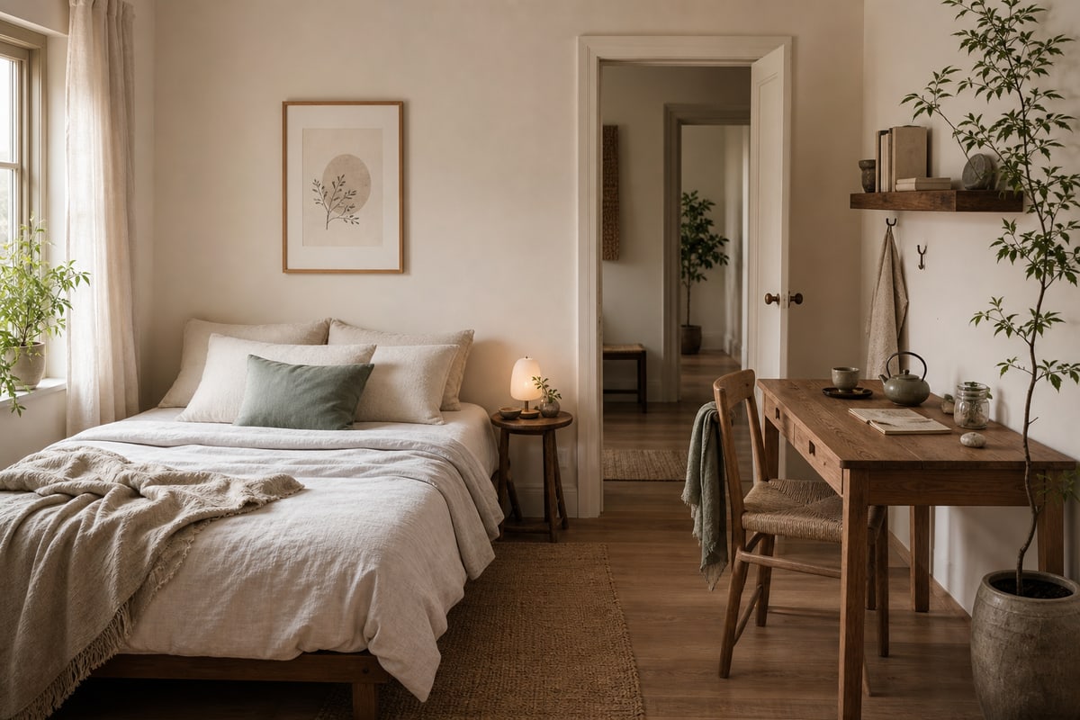 Bedroom with a bed and writing desk supported by solid walls, clear circulation, and soft daylight