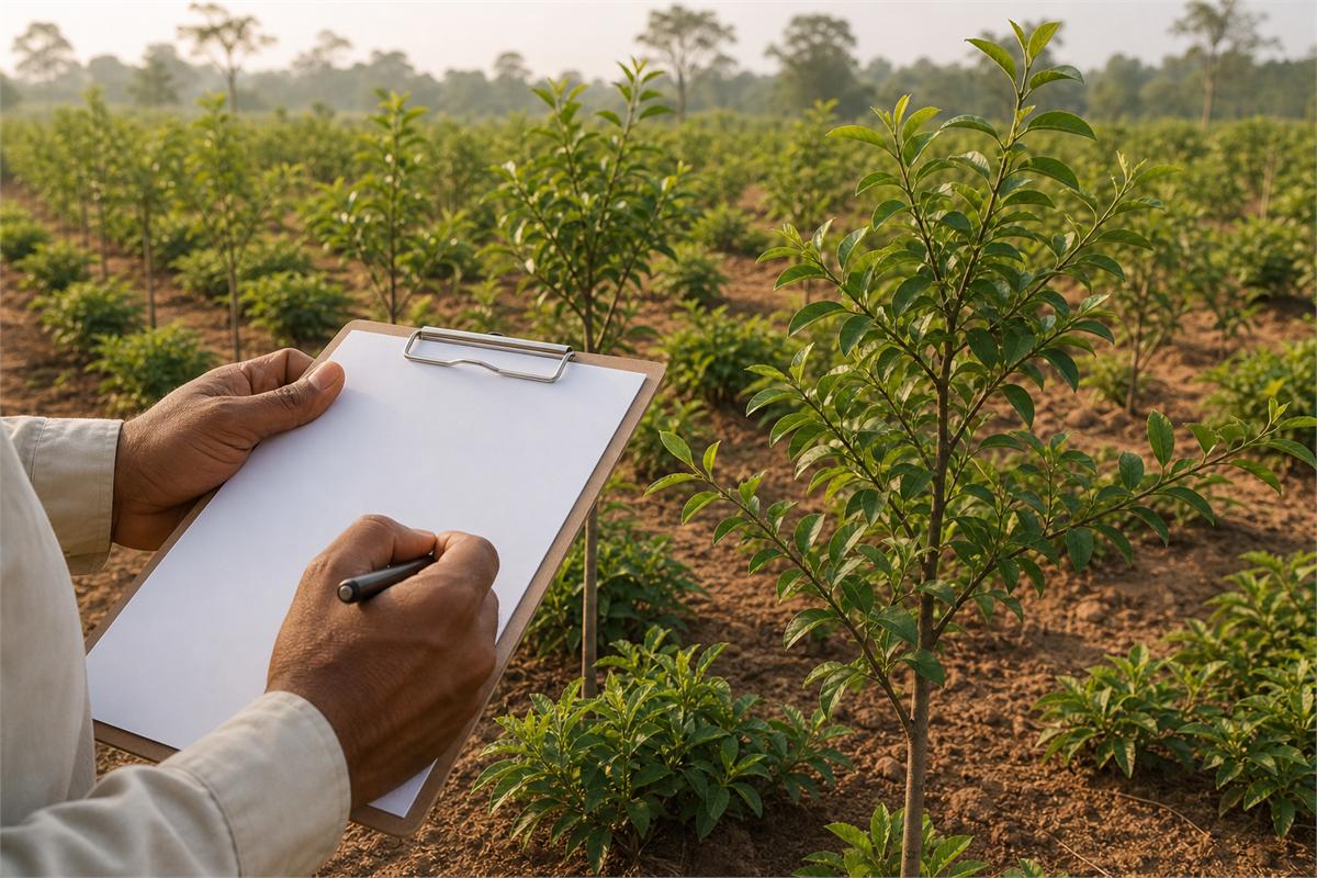 Young sandalwood trees with companion host plants and a field worker recording growth