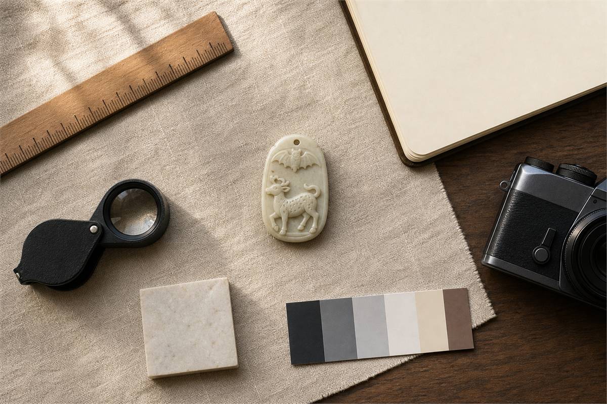 Bat-and-deer pendant with ruler loupe blank notebook camera and material sample